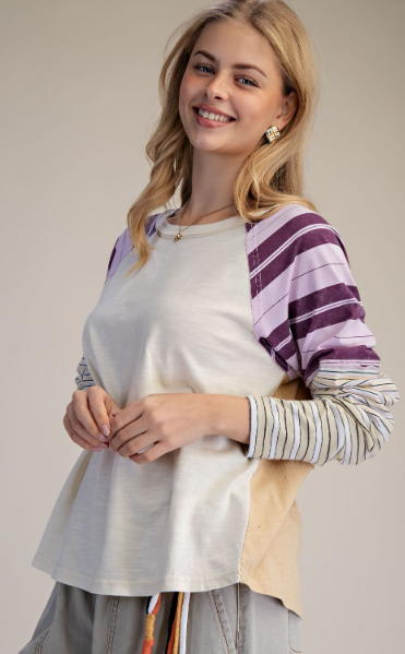 EASEL MIXED STRIPE WASHED COTTON TOP