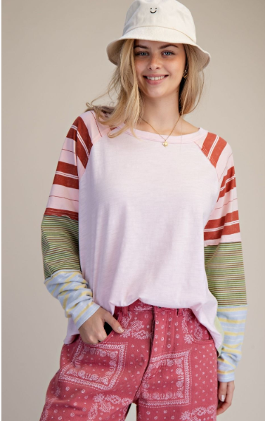 EASEL MIXED STRIPE WASHED COTTON TOP