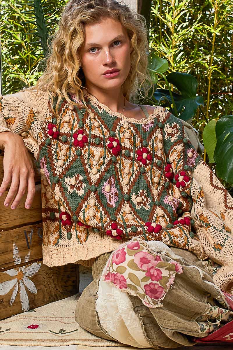 Pol Clothing - Scoop neck Aztec pattern 3D floral detail sweater top