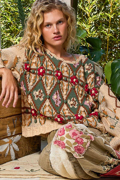 Pol Clothing - Scoop neck Aztec pattern 3D floral detail sweater top