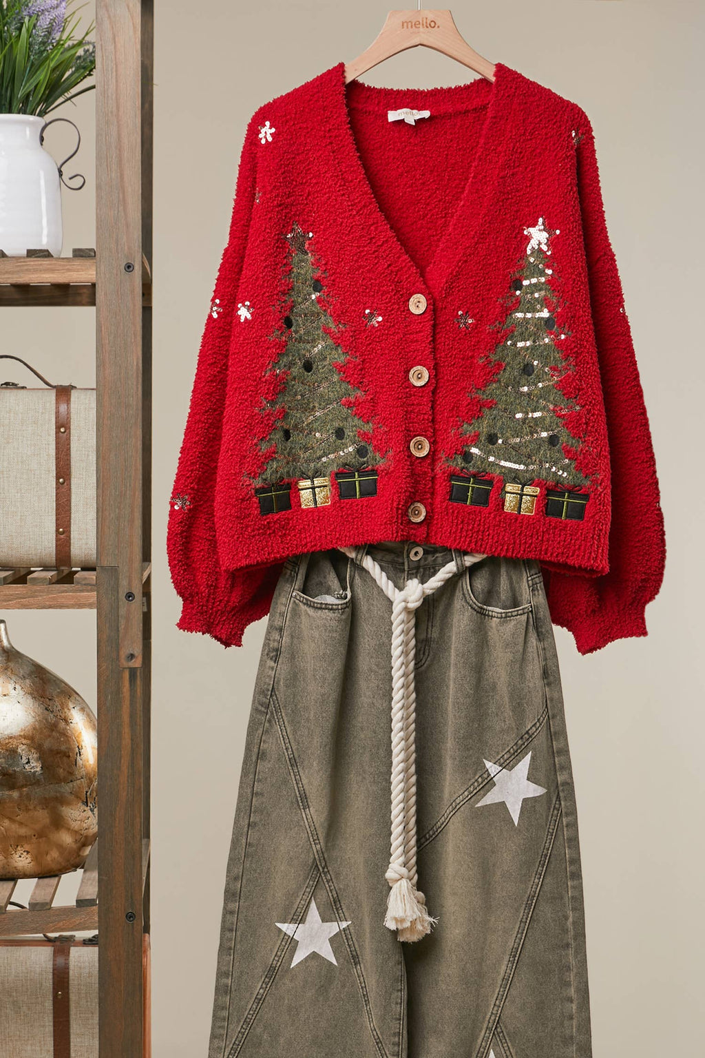 Mello. - Christmas Tree Embroidered Soft Cardigan