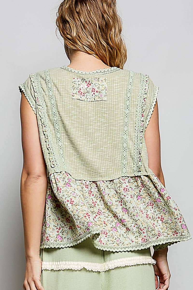 Pol Clothing - V-neck Floral Pattern Trim Ruffle Rib Knitted Sleeveless Top