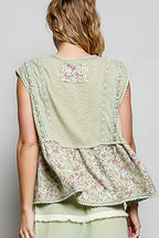 Pol Clothing - V-neck Floral Pattern Trim Ruffle Rib Knitted Sleeveless Top