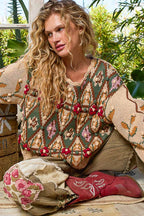 Pol Clothing - Scoop neck Aztec pattern 3D floral detail sweater top