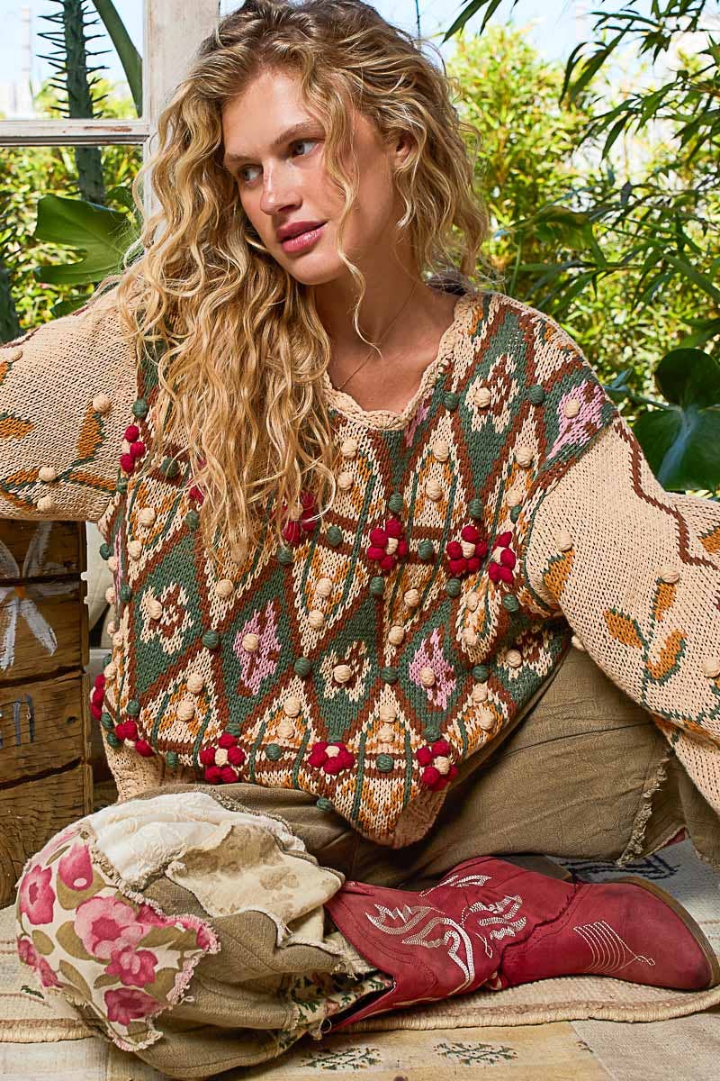 Pol Clothing - Scoop neck Aztec pattern 3D floral detail sweater top