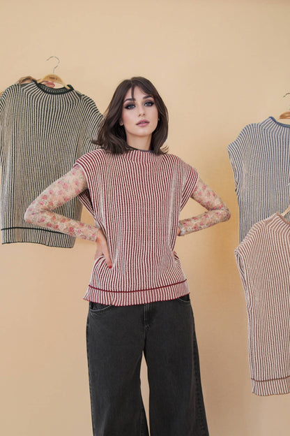 Two Tone Ribbed Knit Sweater Vest