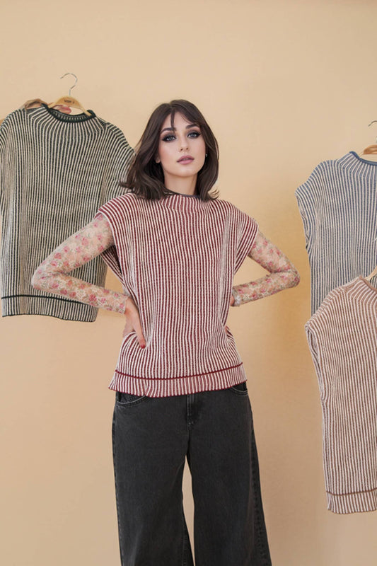 Two Tone Ribbed Knit Sweater Vest