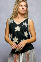 Pol Clothing - V-neck Sleeveless Front Star Patches