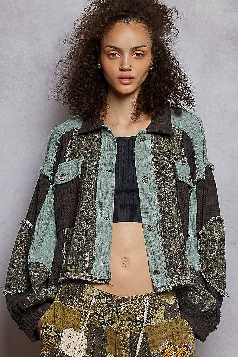 Pol Clothing - Balloon Sleeve Contrast Paisley Pattern Cropped Knit Jacket