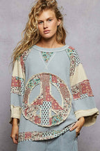 Pol Clothing - Round neck printed peace patch overlock stitch knit top