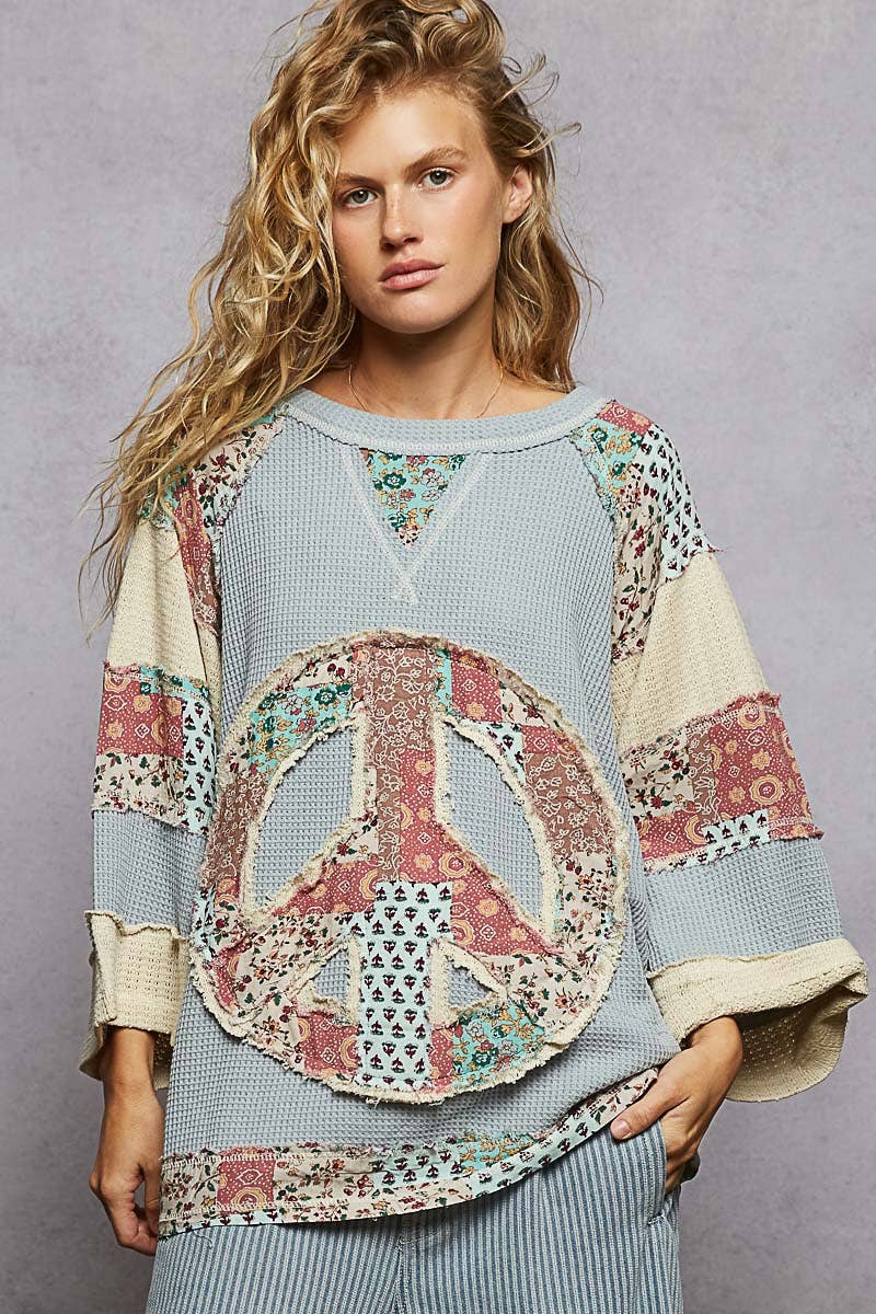 Pol Clothing - Round neck printed peace patch overlock stitch knit top