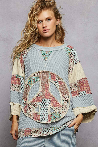 Pol Clothing - Round neck printed peace patch overlock stitch knit top