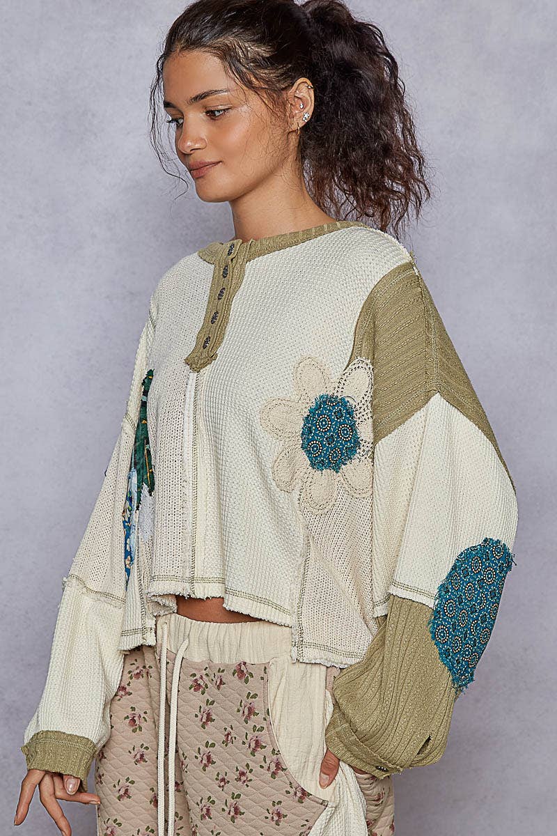 Pol Clothing - Round neck cut and sew patch oversized knit top