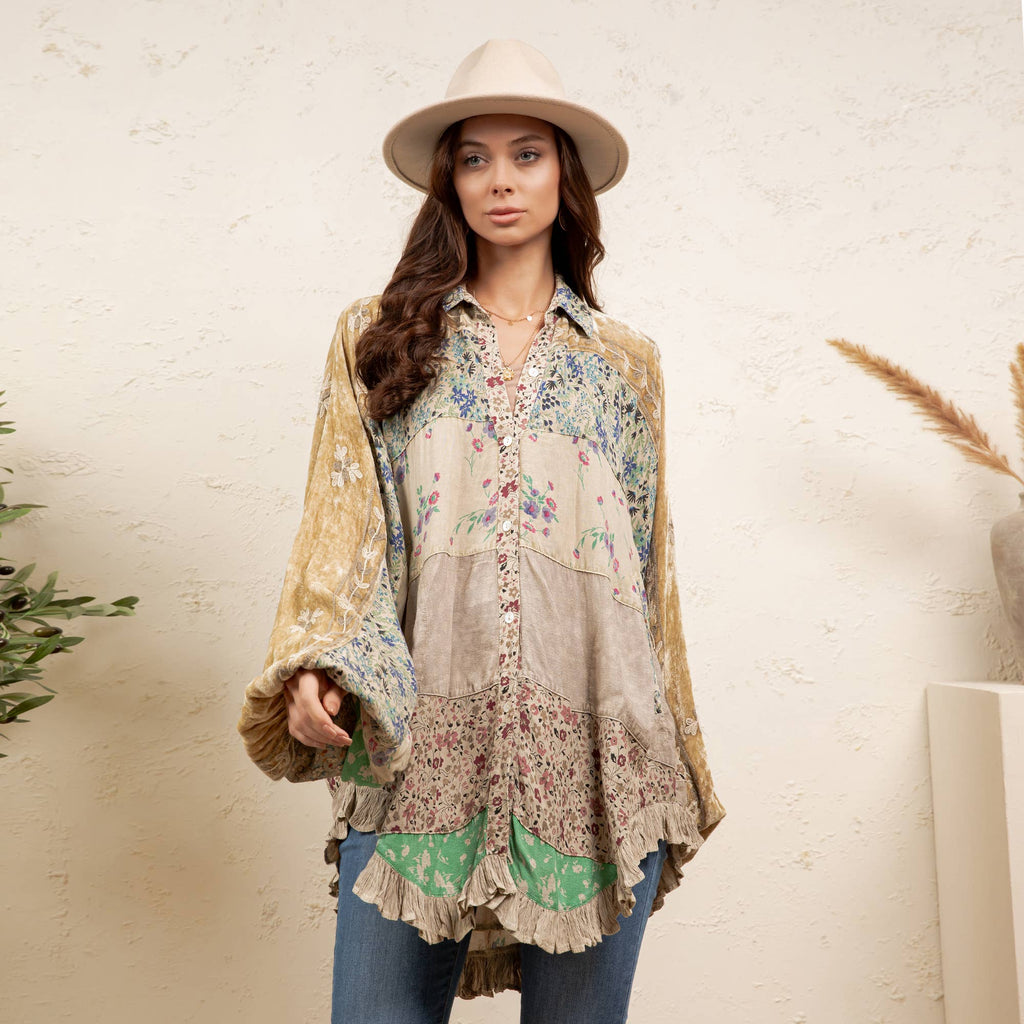 Young Threads - Vintage Mixed Print Patchwork Bat Sleeve Top -Ruffle Hem NEW