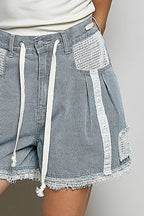 Pol Clothing - Vintage Washing Stripe Solid Crochet Patch Short Wide Pants