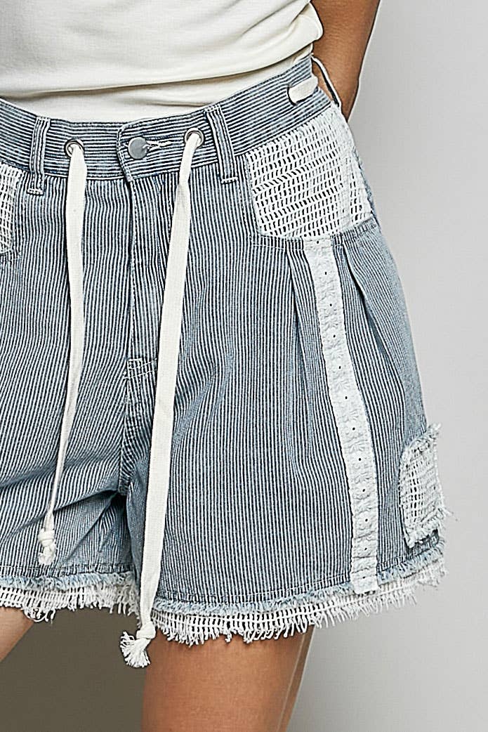 Pol Clothing - Vintage Washing Stripe Solid Crochet Patch Short Wide Pants