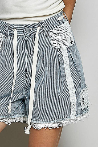 Pol Clothing - Vintage Washing Stripe Solid Crochet Patch Short Wide Pants