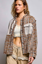 Pol Clothing - Plaid Woven Thermal Patch Floral Patchwork Hoodie Top