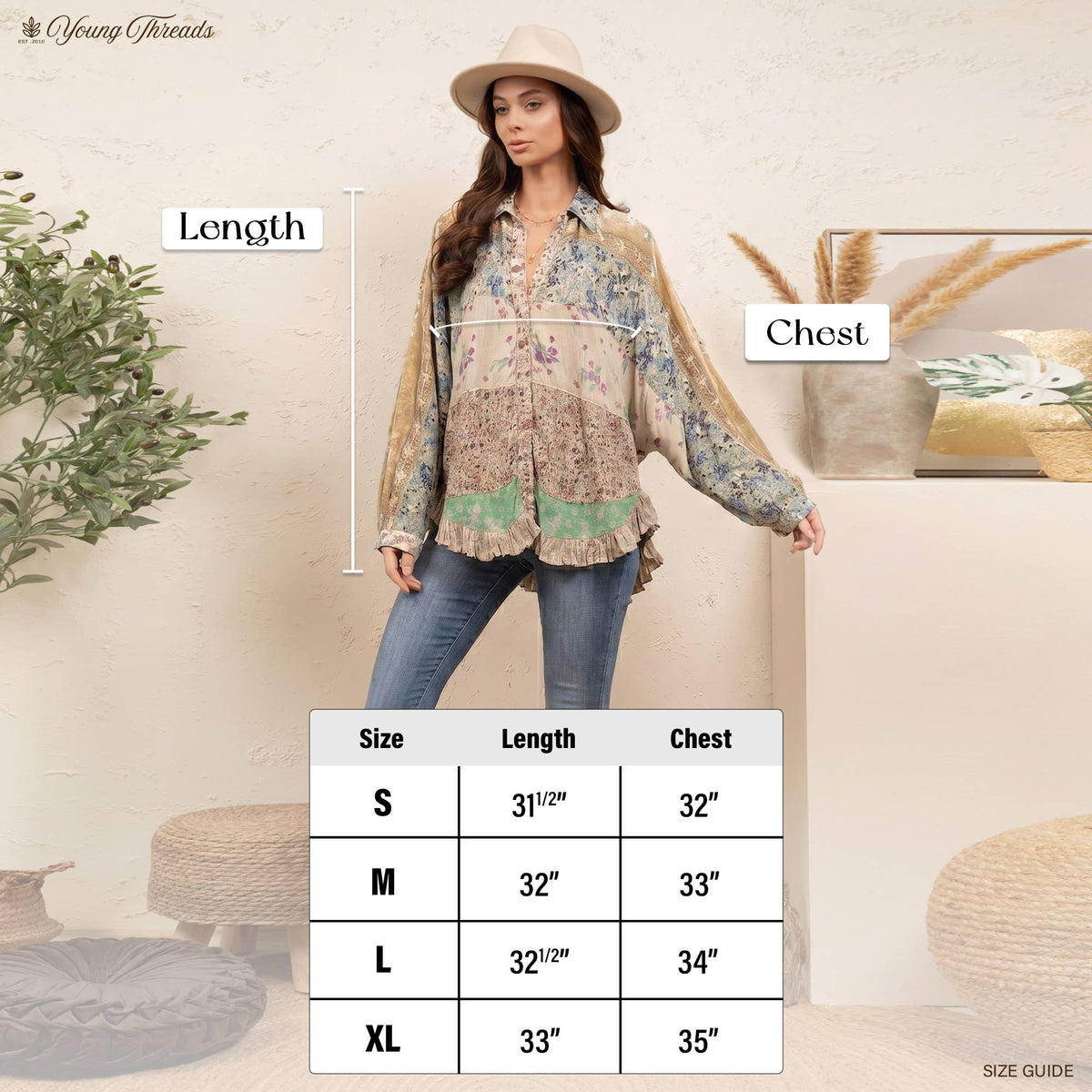 Young Threads - Vintage Mixed Print Patchwork Bat Sleeve Top -Ruffle Hem NEW