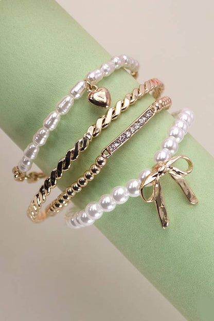 BOW PEARL RHINESTONE BAR STRETCH BANGLE SET |