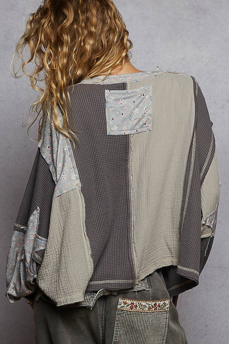 Pol Clothing - Round neck peace patch floral oversized fit knit top