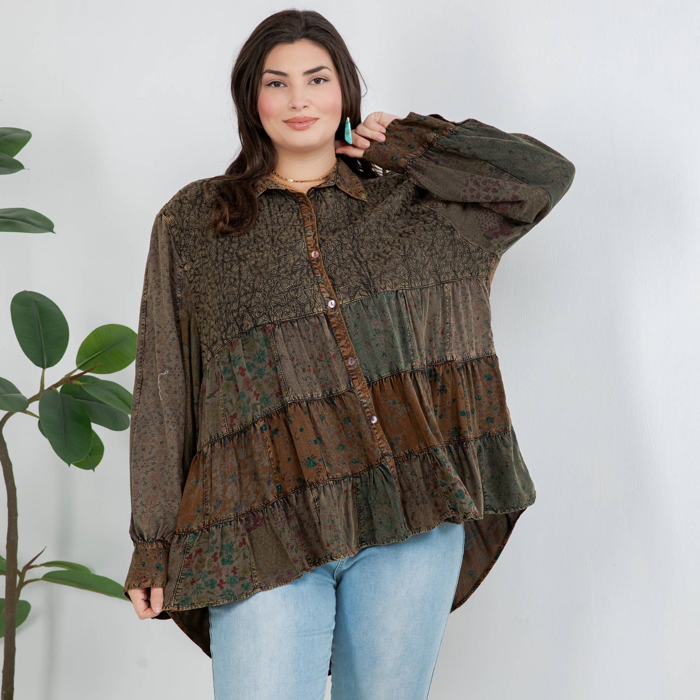 Young Threads - Front-Open Boho Shirt with Quilted Emb & Rayon Tiers