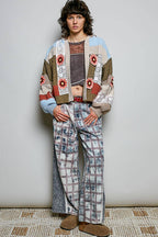 Pol Clothing - Mixed-Texture Patchwork Chenille Knit Crochet Cardigan
