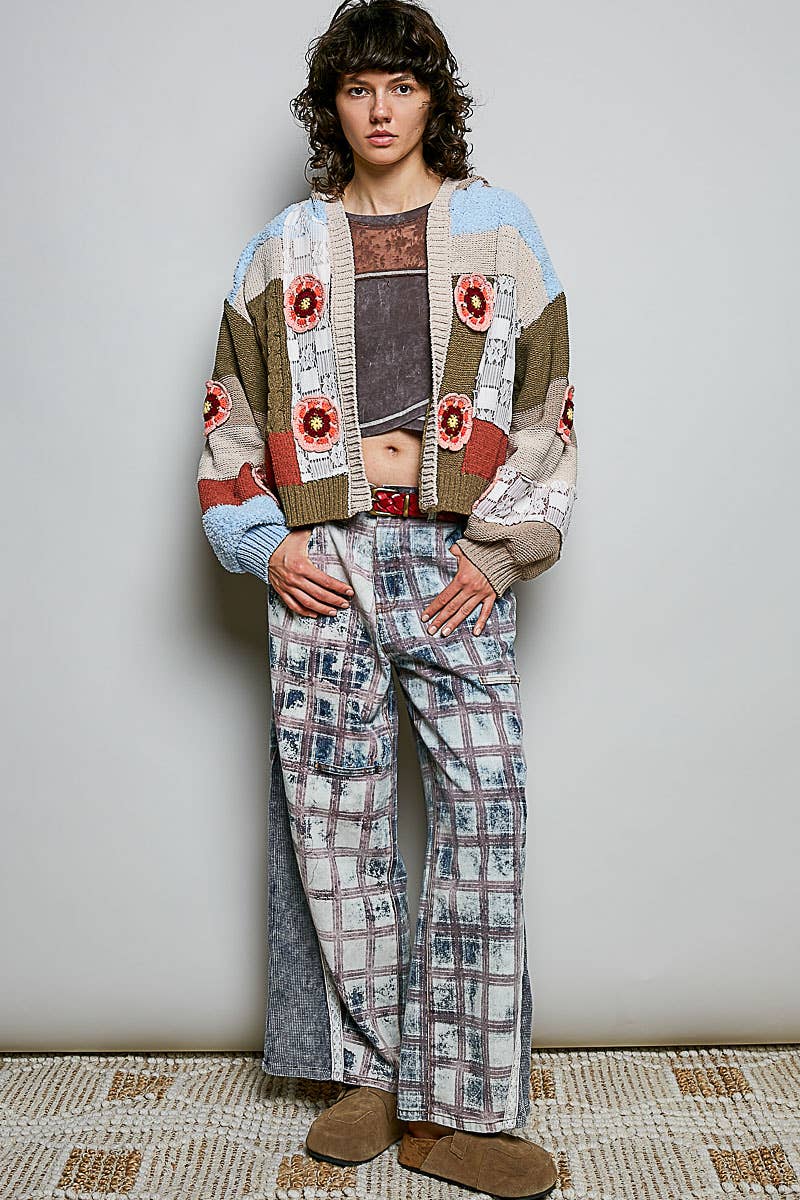 Pol Clothing - Mixed-Texture Patchwork Chenille Knit Crochet Cardigan