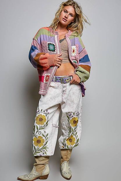 Pol Clothing - Handmade Patchwork Striped Chenille Sweater Open Cardigan