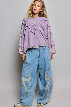 Pol Clothing - French Terry Eyelet Ruffle Vintage Washing Solid Knit Top
