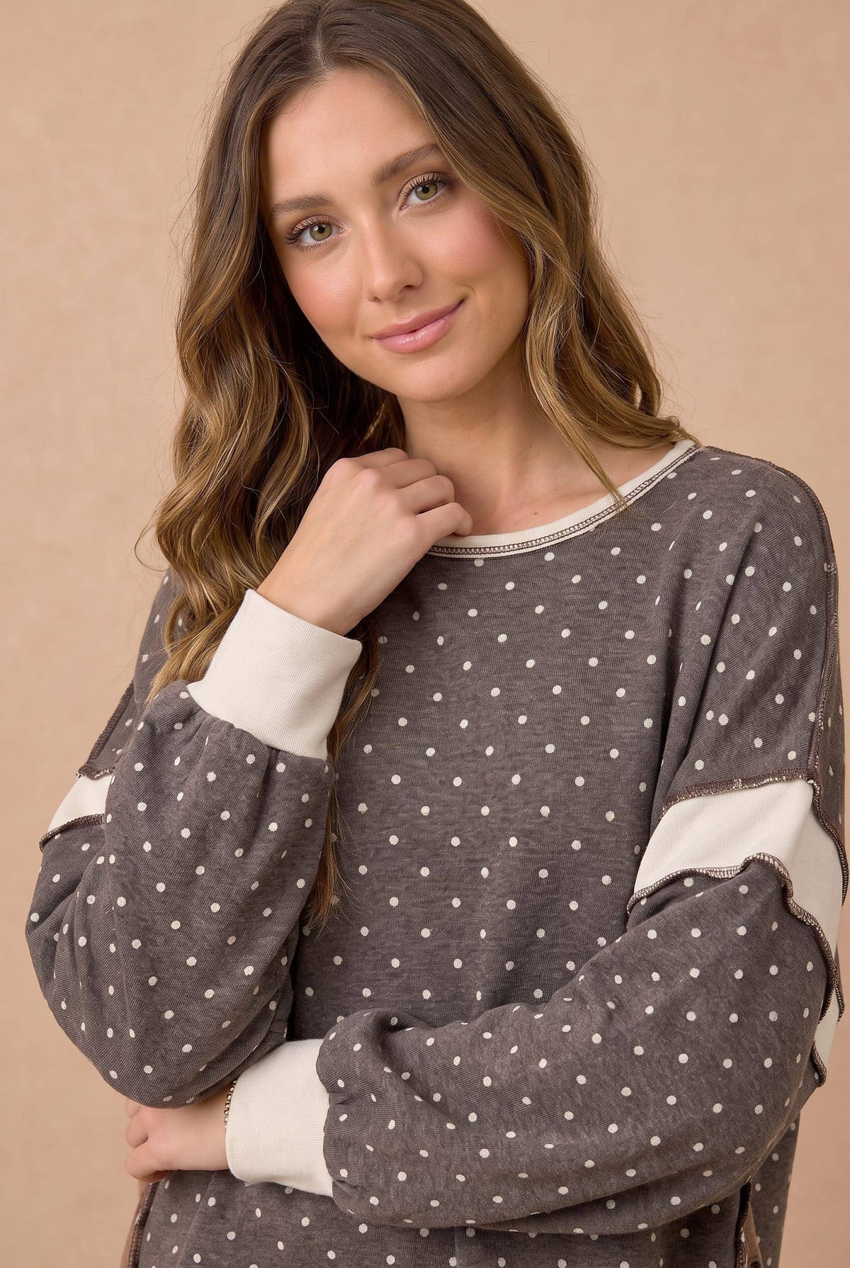 Haptics - Polka Dot Colorblock Cutout Back Pullover