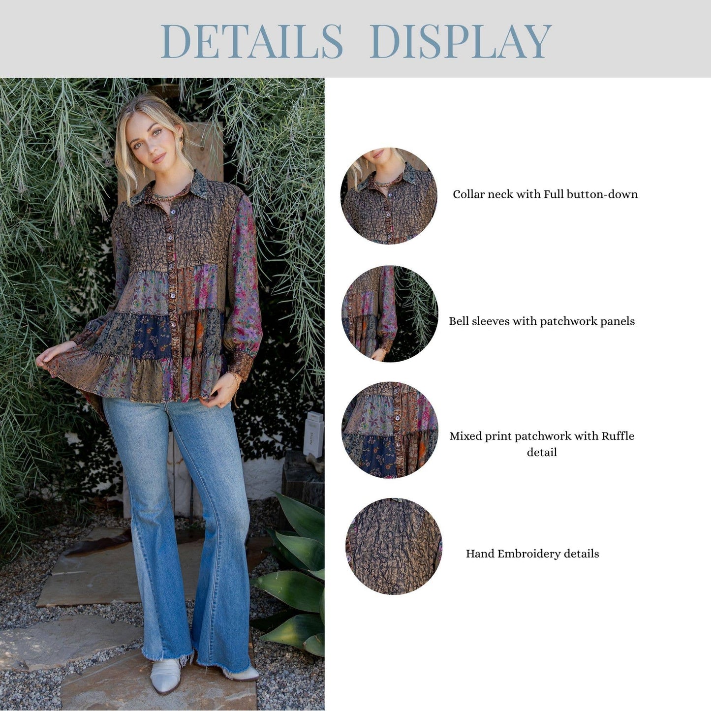 Young Threads - Front-Open Boho Shirt with Quilted Emb & Rayon Tiers