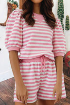 Summer Stripe Puff Short Sleeve T Shirt Matching Shorts Set