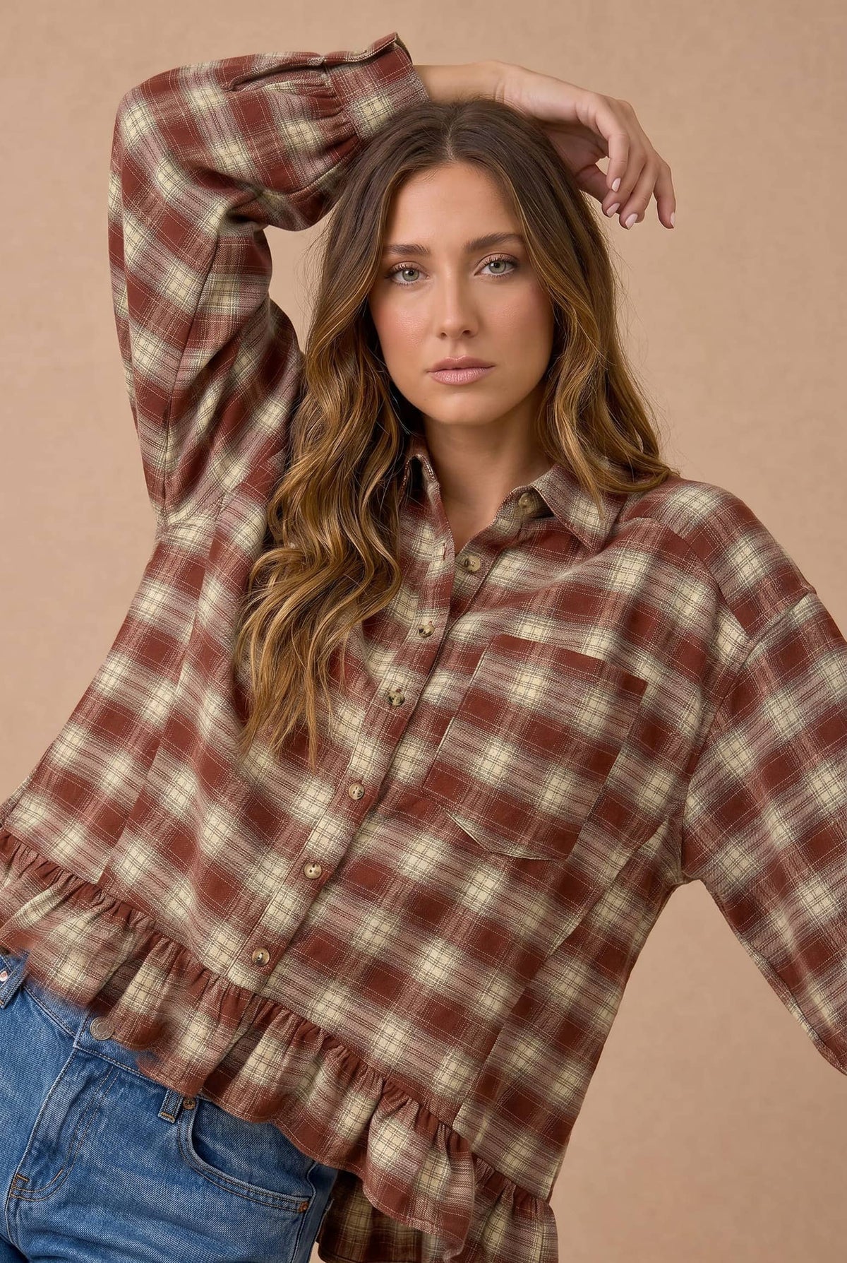 Haptics - Button Down Check Plaid Babydoll Peplum Shirt