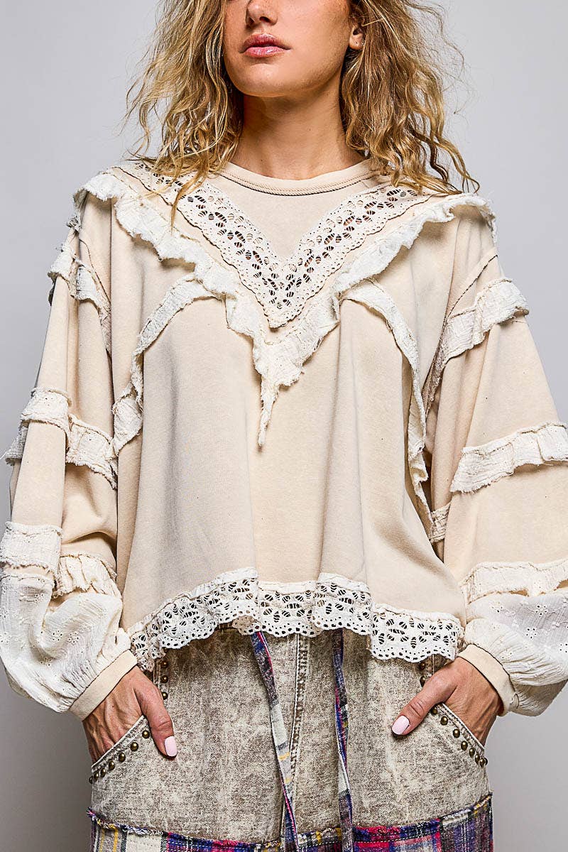 Pol Clothing - French Terry Eyelet Ruffle Vintage Washing Solid Knit Top