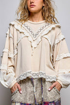 Pol Clothing - French Terry Eyelet Ruffle Vintage Washing Solid Knit Top