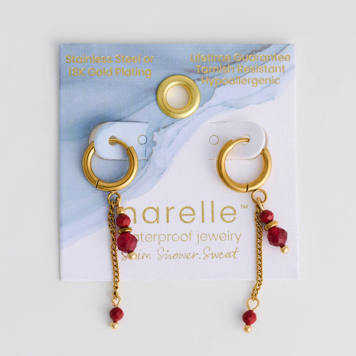 Howard's - Waterproof Earrings Hoop Red Agate Narelle Gold Faceted Bead