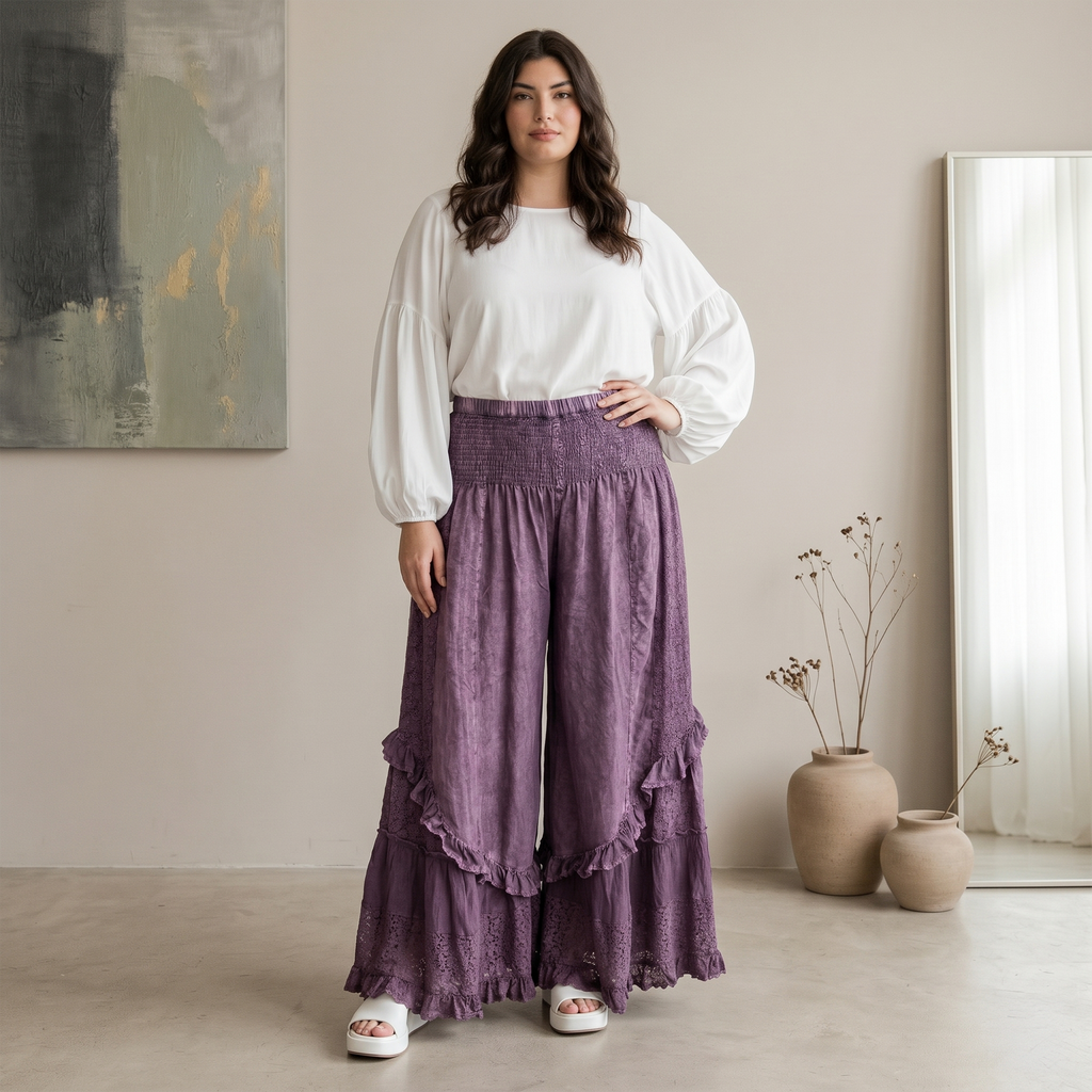 Young Threads - Boho Smocked Mineral Wash Lace Tiered Ruffle Pants NEW