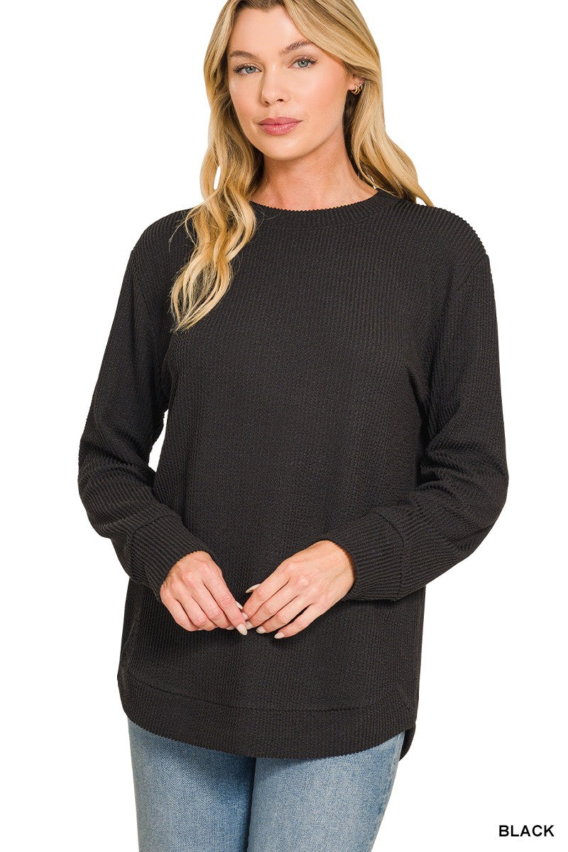 Raised Rib Round Neck Long Sleeve Top