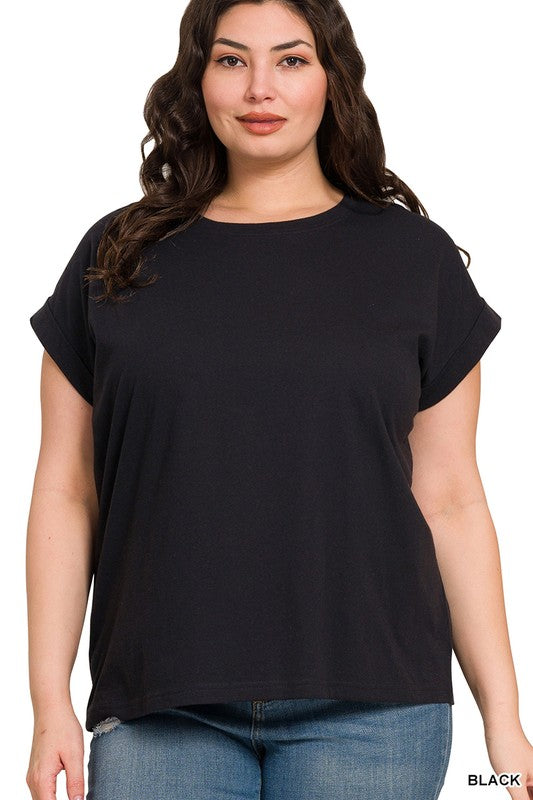 Round Neck Folded Short Sleeve T-shirt