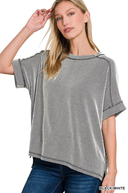 Comfy CORDED RIB SHORT CUFF SLEEVE RAW EDGE TOP