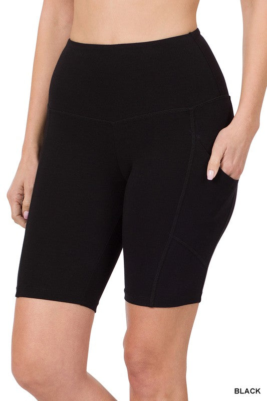 COTTON WIDE WAISTBAND BIKER SHORTS WITH POCKETS
