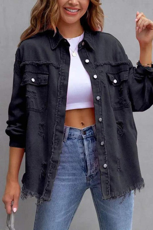 RAW HEM POCKET DESIGN DENIM COAT