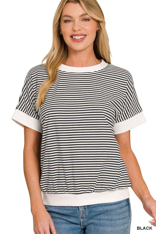 Stripe Contrast Trim Rib Banded Top Shorter Sleeve