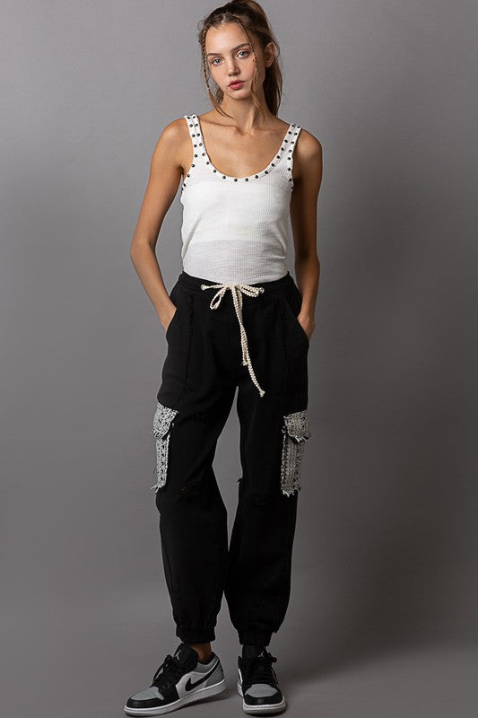Tie waistband cargo pockets denim jogger