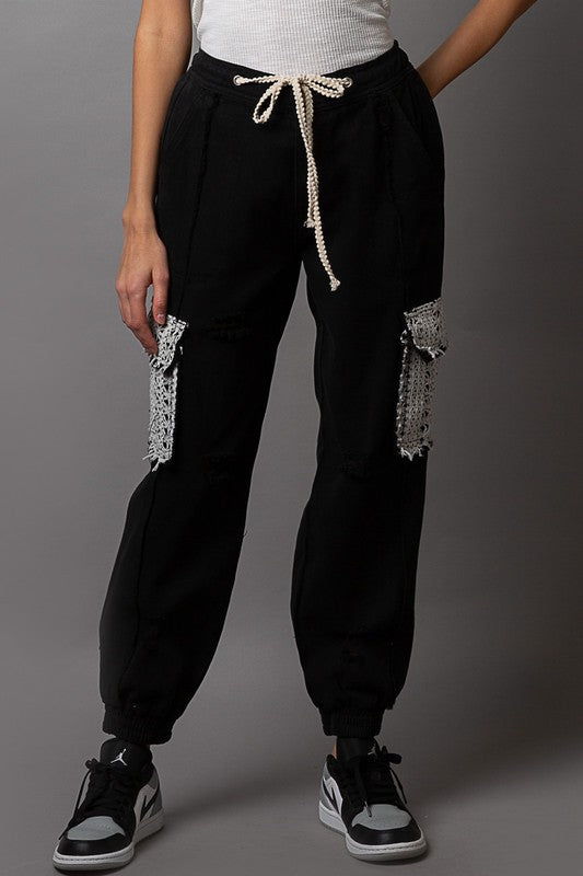 Tie waistband cargo pockets denim jogger