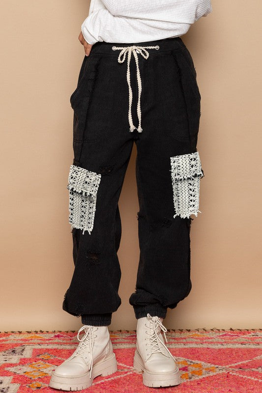Tie waistband cargo pockets denim jogger