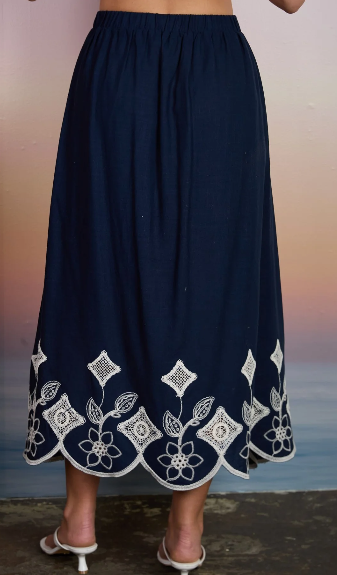 Floral Eyelet Embroidery Scalloped Midi Skirt