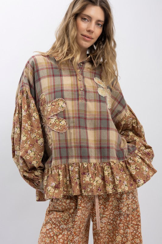 Blue Velvet Flower Patchwork Half Button Ruffle Shirt