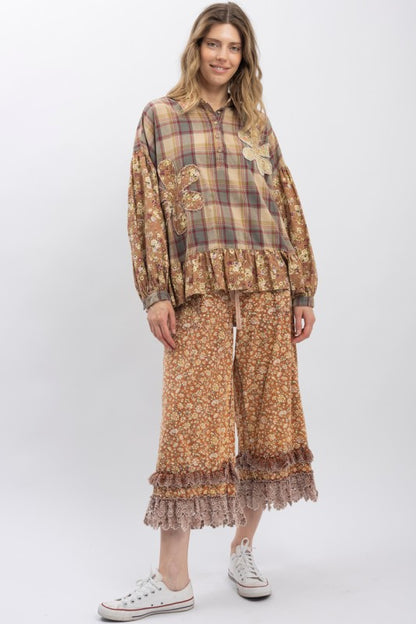 Blue Velvet Flower Patchwork Half Button Ruffle Shirt